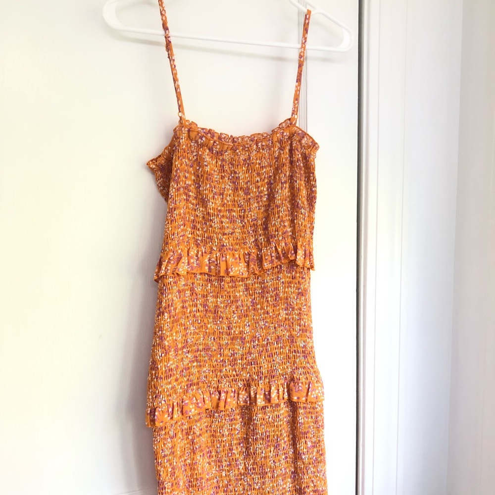 Shirred orange and pink floral midi dress